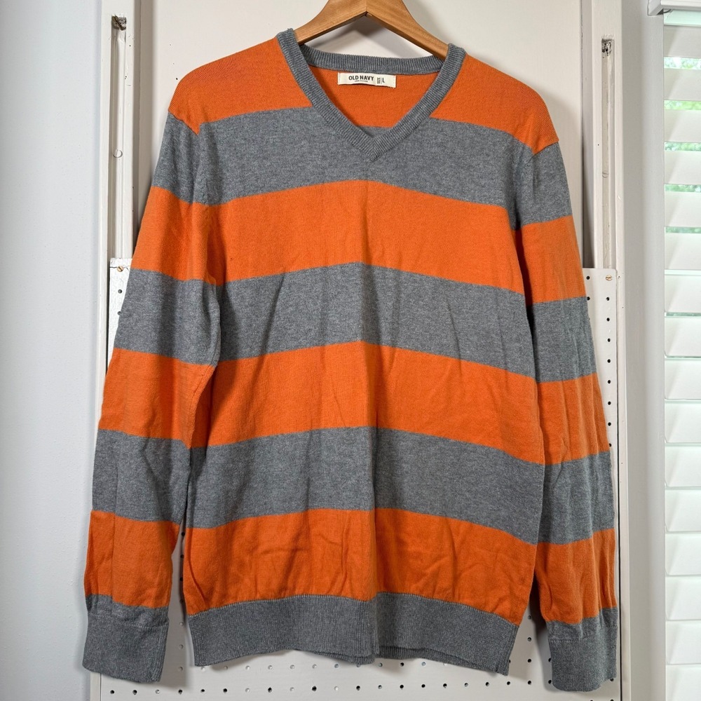 Old Navy Sweater Mens Orange Gray Striped Knit V-Neck Pullover Classic Large Y2K